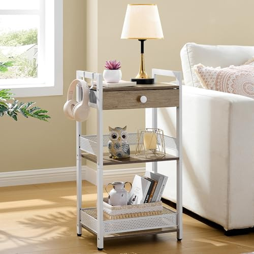 FAVOOSTY 3-Tier Ladder Shelf Unit, Small Book Shelf Free Standing, Bathroom Towel Storage, Kitchen Corner Shelves, Plant Stand End Table with Drawer for Bedroom Living Room Balcony, White