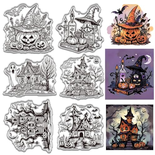 craspire Transparenter Stempel Mit Halloween Haus Motiv Für Die Kartengestaltung Geist Kürbis Totes Holz Terror Gummi Silikon Wiederverwendbar Transparentes Siegel Für Umschläge Journaling DIY