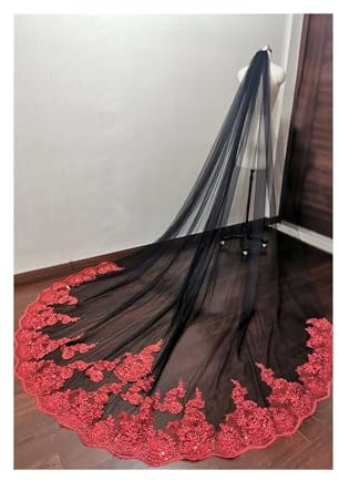 ZUGLQYSX Brautschleier Schwarzer Tüll-Hochzeitsschleier Mit Glitzer-Pailletten, Rote Spitze, Einlagig, 3,0 Meter Lang, Brautschleier Mit Kamm, Brautschleier FüR Hochzeiten