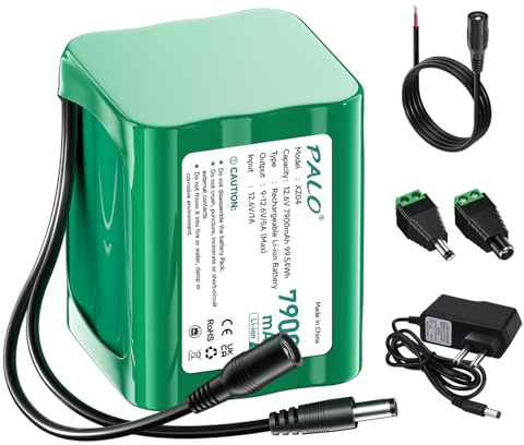 Batteria DC da 12,6 V, 7900 mAh, per dispositivi da 12 V con caricabatterie, cavo di collegamento, adattatore di alimentazione e adattatore di alimentazione per auto per strisce LED, pannelli solari