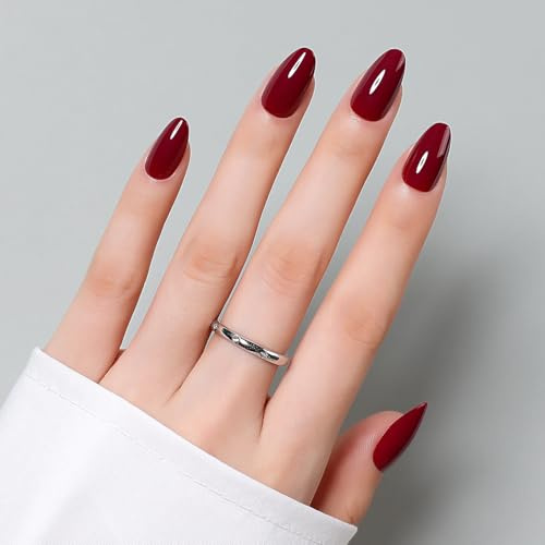 Luxbon Press On Uñas postizas con pegamento para uñas y kit de herramientas | Short Almond Stick On Nails Soft Gel Tips 25-30pcs Juego de tamaño completo, Salon Look at Home, Burdeos