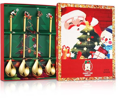 CLKE Set di 4 cucchiai natalizi in acciaio inox, 14,5 cm, cucchiai da dessert lucidati a specchio, con ciondolo per albero di Natale, alce e ghirlanda, Babbo Natale, con 1 confezione regalo