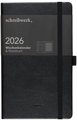 schreibwerk Wochenkalender 2026 - A5-Format Terminplaner - 160 linierte Seiten, Hardcover Notizbuch - Schwarz