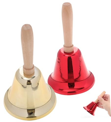 VANZACK 2 Stück Handglocke mit Holzgriff Metall Rassel Klingel für Restaurantservice Camping Outdoor Deko Weihnachtsfeier