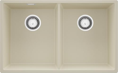 PRIMAGRAN Fregadero bajo Encimera al Mueble 80cm + Kit de desagüe, 76x47cm | Set: Kit de desagüe (sifón, válvula, rebosadero) + London Twin 2 Senos para Cocina, Beige
