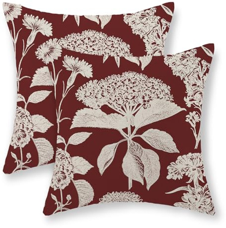GOLIANDA Burgundy Red Pillow Covers 18x18 Set of 2 Vintage Boho Herbs Botanical Floral HydrangeaThrow Pillows Outdoor Flower Decorative Pillow Cases Linen Farmhouse Cushion Case for Couch Sofa Decor