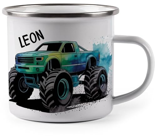 MIKALINO Emaille Tasse Coole Fahrzeuge personalisiert mit Namen Kinder Becher mit Motiv – Emaille Becher für Jungen & Mädchen – Camping Tasse leicht & robust Geschenkidee Kindertasse (wählbar)-300ml /