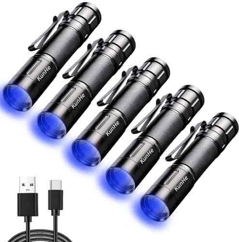 KunHe 5er Set UV Taschenlampe 365nm Aufladbar 1800mAh 3W LED Schwarzlicht Lampe für Bernstein, Geldprüfung & Lecksuche, IPX4 Wasserdicht, Alu-Gehäuse mit Clip