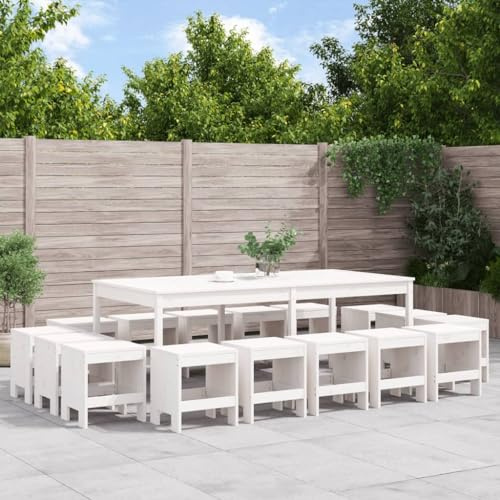 QJBSAVVA Ensemble de jardin 17 pièces - Blanc - En pin massif - 203,5 x 100 x 76 cm - Table à bière avec 16 tabourets - Design moderne et robuste - Pour balcon, terrasse, jardin