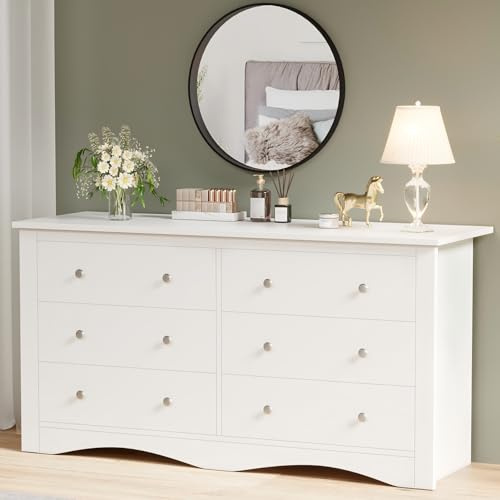 YESHOMY Dresser for Bedroom with 6 Drawers, 58 Wide Modern Chest of Drawers, Wooden Dresser, Storage Organizer for Living Room, Hallway, Pure White