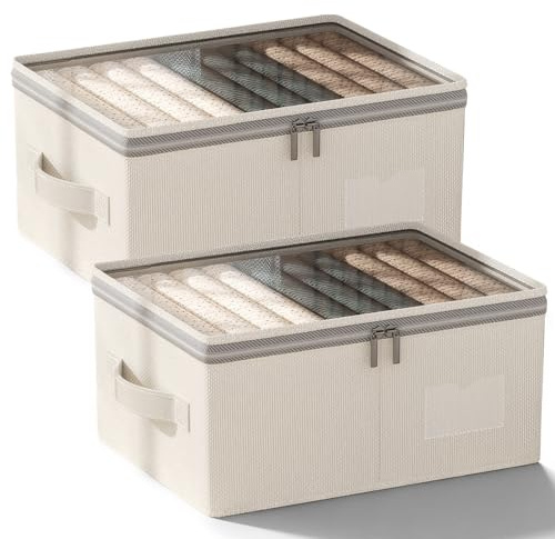 OurLeeme Aufbewahrungsbox Stoff mit Deckel, Faltbare 40x30x20 cm, 2 Stück | Stoffboxen Robuste Aufbewahrungskörbe Unterbettbox mit Griffen für Kleidung und Decken, Beige