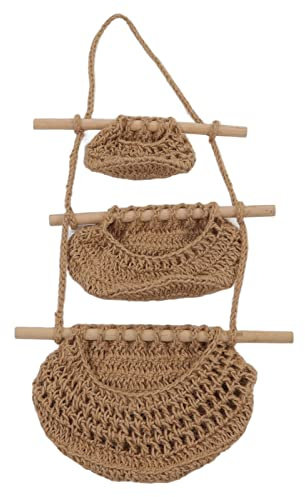 Cestino per frutta a 3 livelli, organizzatore a parete in corda di canapa e legno, contenitore artigianale da appendere sopra la porta per frutta, giocattoli, sciarpe, bambole in c