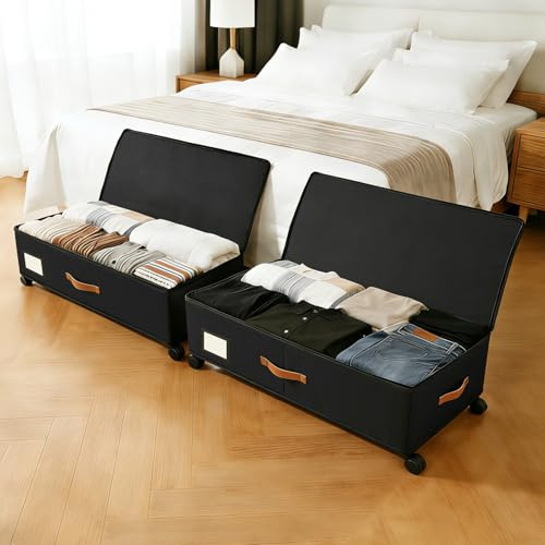 Under Bed Storage Containers with Wheels 2-Pack , 9.5 Tall Underbed Storage Drawers Organizer Bins for Clothes Shoes Toys Wrapping Paper with Extra Interior Pockets, Easy Pull-out, Heavy-duty