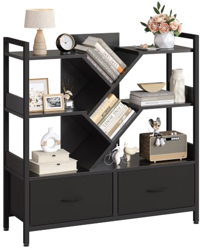 IRONCK Bücherregal mit 2 Schubladen und Rollen Regal Schwaz 100×33×104 cm | Modernes Würfelregal mit Metallrahmen, Freistehendes Baum Bücherregal für Wohnzimmer, Schlafzimmer, Arbeitszimmer und Büro