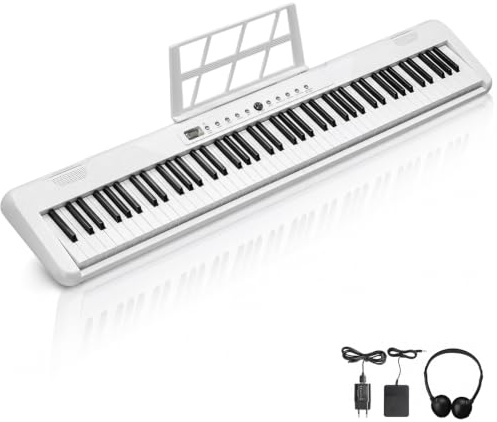LEADZM 88 Tasten Digital Piano mit Sustain-Pedal, Full Size Keyboard, Elektronische Tastatur mit Notenständer, Kopfhörer, Klaviertasche (Weiß)