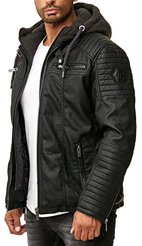 Red Bridge Herren Kunst- Lederjacke Kunstleder Bikerjacke mit Sweat- Kapuze 2in1, Schwarz - Kunstleder, XL