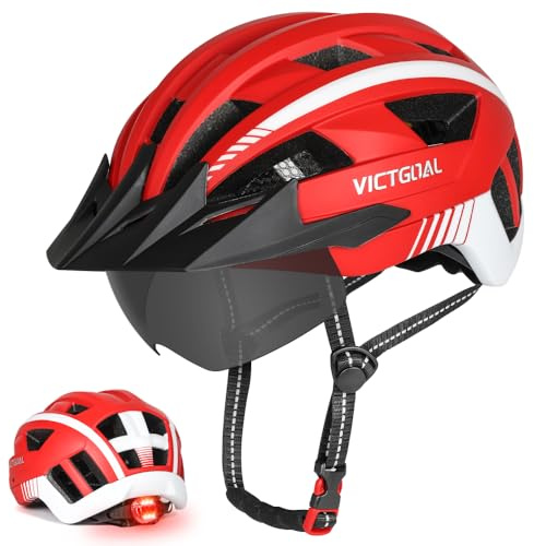Victgoal Casque de vélo pour homme et femme avec lumière LED et lunettes magnétiques amovibles, visière, casque de vélo de montagne et de route, taille réglable, casque de cyclisme pour adulte (rouge