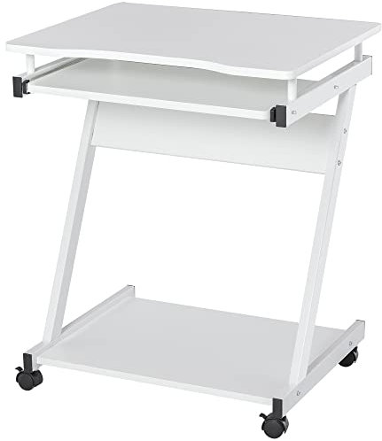 HOMCOM Tavolo Porta PC Classico e Salvaspazio, Piano Tastiera a Scomparsa, 4 Ruote e Ripiano Inferiore Bianco 60x48x73cm