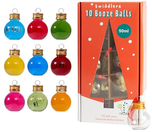 THE TWIDDLERS 10 Weihnachtskugeln für Spirituosen & Liköre, Ornamente mit Aufklebern, Füllbare klare Xmas Baum Geschenk Dekorationen, Geschenk zu Weihnachten, Personalisierte Weihnachtskugeln - 50ml