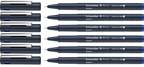 Schneider Pictus Fineliner (Strichstärke 0,05 mm, dokumentenechte Pigmentliner, metallgefasste Spitze, Gehäuse aus 85% recyceltem Kunststoff) 6er Pack, blau