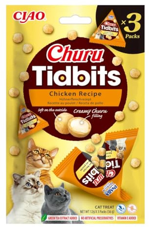 INABA Churu Tidbits Snack für Katzen, Hühnchen-Leckerlis – 3 Packungen x 12 g – weicher Snack mit cremiger Füllung – Katzenfutter ohne Konservierungsstoffe oder künstliche Farbstoffe, grainfrei