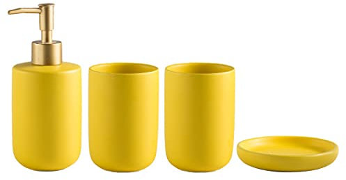 Ensemble d'accessoires de salle de bain de luxe en céramique - Distributeur de savon/lotion, gobelet à brosse à dents, porte-savon pour maison, hôtel, salle de bain - Jaune