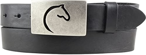 BELTINGER Ceinture enfant pour cavalier avec boucle de ceinture tête de cheval en cuir vachette pleine fleur 3 cm | Ceinture cavalier 30mm pour culotte d'équitation | avec motif cheval | Noir 55cm