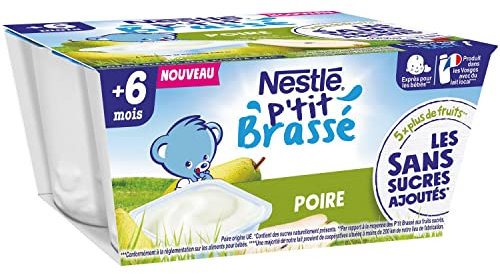 Nestlé Bébé - P'tit Brassé Laitage Poire sans sucres ajoutés - dès 6 mois - 4 x 90g