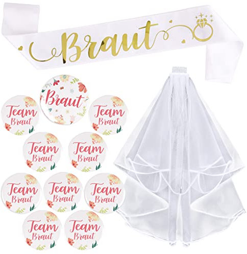 FLOFIA 12Pcs JGA Deko Accessoires Frauen Braut Schärpe Hochzeit Schleier mit Kamm JGA Buttons Weiß 9x Team Braut Buttons für Junggesellinnenabschied Hochzeit Bachelorette Party
