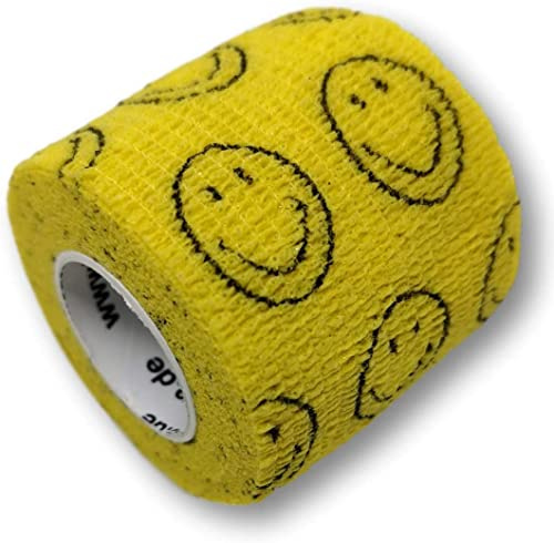 LisaCare Fixierbinde 5cm x 4,5m | 2er-Set Smiley Gelb | Kohäsive Bandage | Wundverband - Pflasterverband - elastisch, dehnbar, selbsthaftend, ohne Kleber - Als normales Wundpflaster, Druckverband