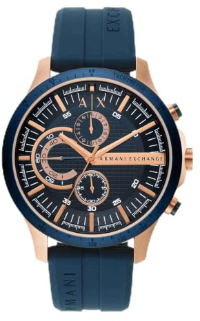 Armani Exchange Orologio da uomo, Movimento cronografo al quarzo e cassa da 46 mm con cinturino in silicone, Tono oro rosa y azul oscuro