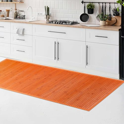 CosìCasa Bambusmatte Badematte Holz rutschfest | Nachhaltiger Bambusteppich, Küchenläufer, Duschvorleger | rutschfeste Badematte Bambus | Holzmatte für Bad & Küche (Einfarbig Orange, 50 x 140 cm)
