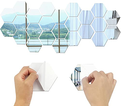SHUIYUE 24 Pcs DIY Acryl Hexagon Spiegel Einstellung Wandaufkleber | füR Hause Hintergrund Decor (Silbrig)
