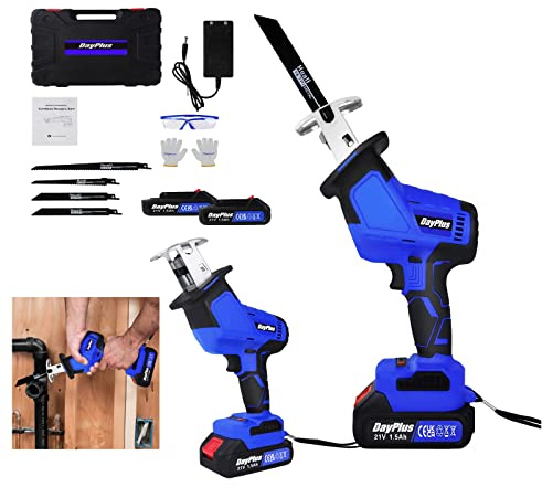 Sierra Sable Inalámbrica, 21V Sierra compacta con 2 x 1.5Ah Batería y cargador, 4 hojas de sierra, velocidad variable 0-1900RPM, cambio de hoja sin herramientas