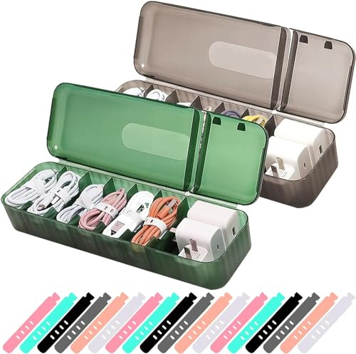 Zeuwets Kabel Aufbewahrungsbox, 2 Stück Kabel Organizer Box, Cable Management Box mit 7 Fächer & 18 Kabelbindern, Kunststoff Aufbewahrungsbox für Schreibtisch Aufbewahrung, Büro (Grün & Braun)