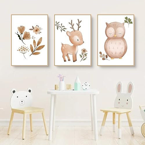 Herfair Bilder Kinderzimmer 3er Set, Cartoon Tiere Blumen Wandbilder Kinderzimmer Deko, Boho Kinder Poster Leinwand Bilder, Ohne Rahmen (B,40 x 50 cm)