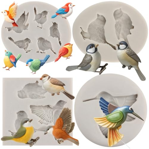 MYPRACS 4 Stück Vogel Fondant Schokoladen Silikonform | Cupcake Kuchenaufsatz Dekoration Süßigkeiten Gummipaste