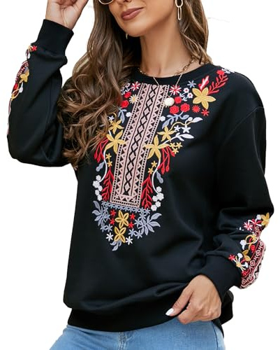 Seasonal Camicia da Donna con Ricamo Bohémien, a Maniche Lunghe, Stile Hippie,525-nero, 2XL