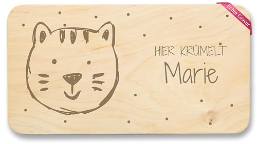 Frühstücksbrettchen Holz Natur - Katze Tier Motiv Katzen Kinder Geschenk mit Name - 22x12 - Holz - brettchen hier krümelt geschenke für katzenliebhaber cat katzenfan frühstücksbrett