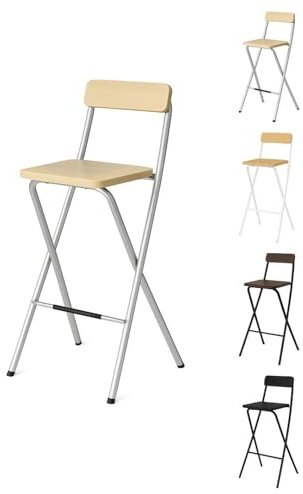 Jardin202 - Taburete Plegable Alto de Metal Extra Grueso con Reposapies para Cocinas y Bar | Silla con Respaldo Resistente | Pack 2 uds (Plata/Haya)