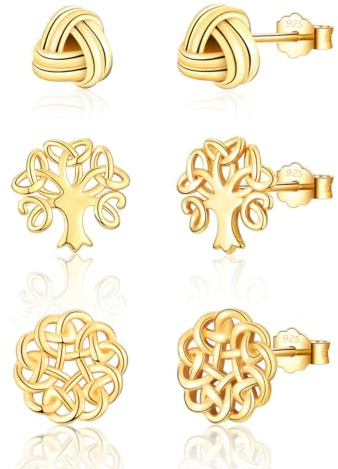 wynn's Damen Ohrringe Silber 925, 3 Paar Silber/Gold Ohrstecker Set Lebensbaum Ohrringe&Keltischer Knoten Schmuck mit Geschenkbox für Damen Herren