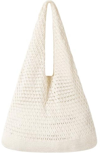 WantGor Crochet Bags, Beach Mesh Tote Bag Womens Shoulder Shopping Handbag Casual Travel Totes Bag Foldable Hobo Bags (Apricot)