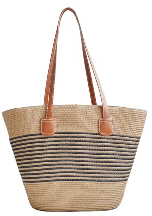 NICOLE & DORIS Straw Handbags for Women Summer Beach Bag Large Tote Bag with Zip Shopping Bag Shoulder Bag Basket Bag for Holiday Travel and Daily Thin Stripes
