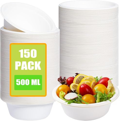 LOPYXBR 150 cuencos de sopa desechables, 500 ml/17 oz, platos hondos desechables, de cartón, cuencos de cartón blanco, cuencos de sopa compostables para fiestas, hogar, pícnic