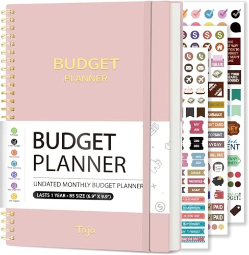 Undated Budget Planner with Tag Stickers, A5 Monthly Budget Planner Budget Book with Expense & Saving Tracker for Money Management and Saving(Pink)