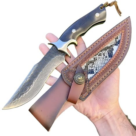 Obespina Couteau Lame Fixe Acier Damas noir Manche Bois ébène Collection Custom Cadeau Homme Suminagashi VG10 full tang camping étui cuir drop point forge artisanat edc tranchant