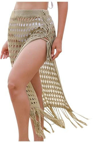Crochet Cover Up Jupe Tricot Cordon de Serrage Longue Mode Plage Couvertures pour Maillots de Bain Femmes Taille Élastique Plage Wrap, kaki, XL