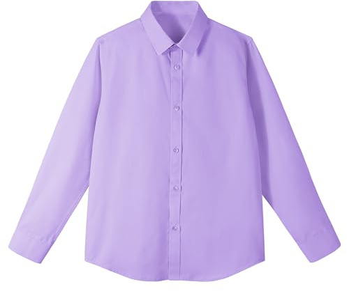 LOLANTA Barn Button Down Skjorta Långärmad Enfärgad Formell Klänning Skjorta Barn Skoluniform Skjorta, Ljuslila, 9-10 år