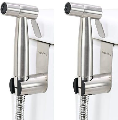 SassyAstra Handheld Toilet Bidet Sprayer — Adjustable Water Pressure, with Hose, Feminine & Pet Wash Kit, Bathroom Hygiene Attachment for Cloth Diaper Cleaning (Quick Install, Stainless Steel) 2Pack