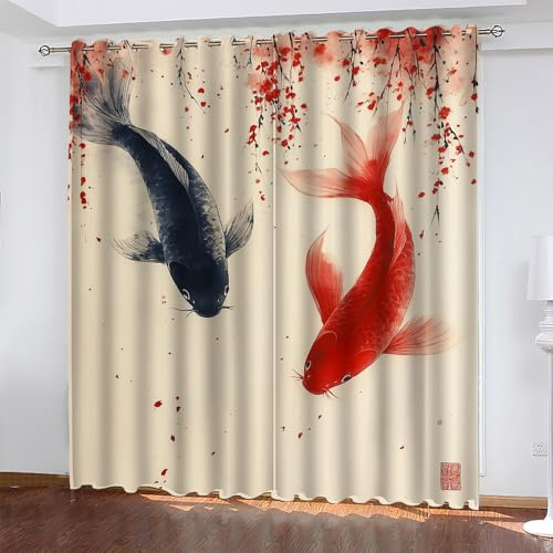 SJSXWQN Vorhänge Koi Gardinen mit Ösen Vorhang Blickdicht Thermo Verdunklungsvorhänge Schiebegardinen für Schlafzimmer Wohnzimmer H 245 x B 140 cm 2er Set